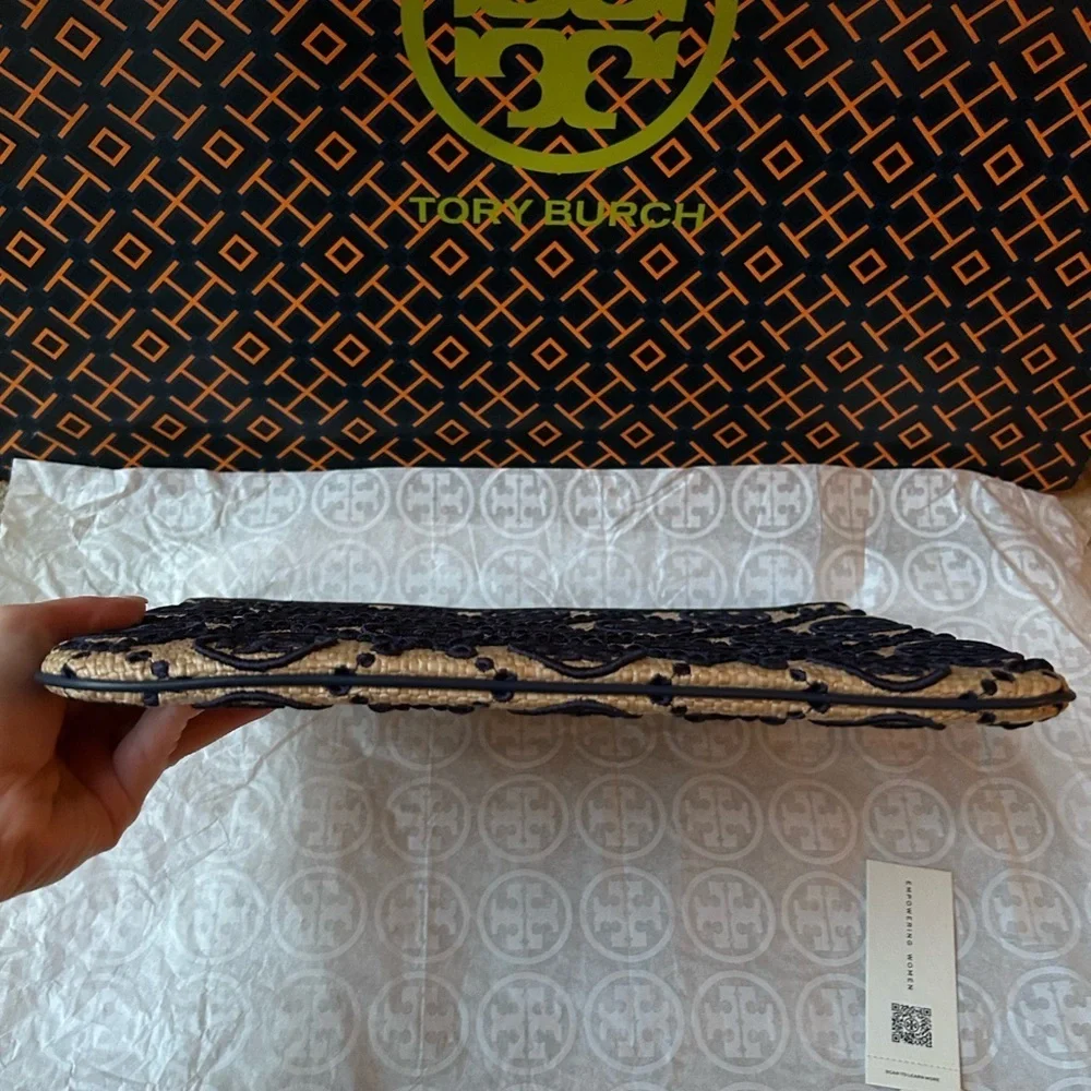 Tory Burch T Monogram Embroidered Straw Pouch Royal Navy
